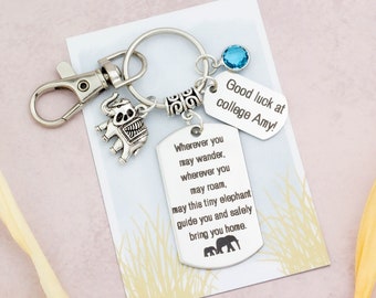 Personalised Travel Elephant Keychain, Lucky Elephant Bag Charm, Good Luck Charm, Emigrating Gifts, Moving Away Gifts, Leaving Home Gifts