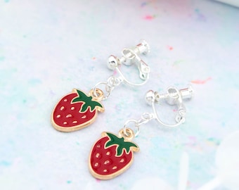 Strawberry Clip On Earrings, Kid's Clip Ons, Children's Earrings, Strawberry Jewelry, Dangling Earrings, Girl's Jewelry, Non-Pierced Ears