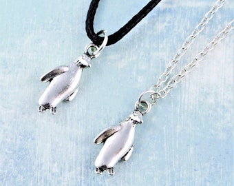 Penguin Necklace, Bird Jewelry, Silver Chain, Black Cord Or Leather, Cute Charm, Gift For Penguin Lover, Animal Gifts