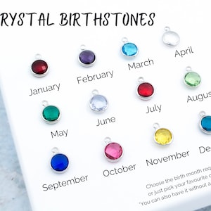 May include: A set of 12 crystal birthstones, each representing a different month of the year. The stones are displayed on a white surface with the corresponding month name written below each stone. The text "CRYSTAL BIRTHSTONES" is at the top of the image.