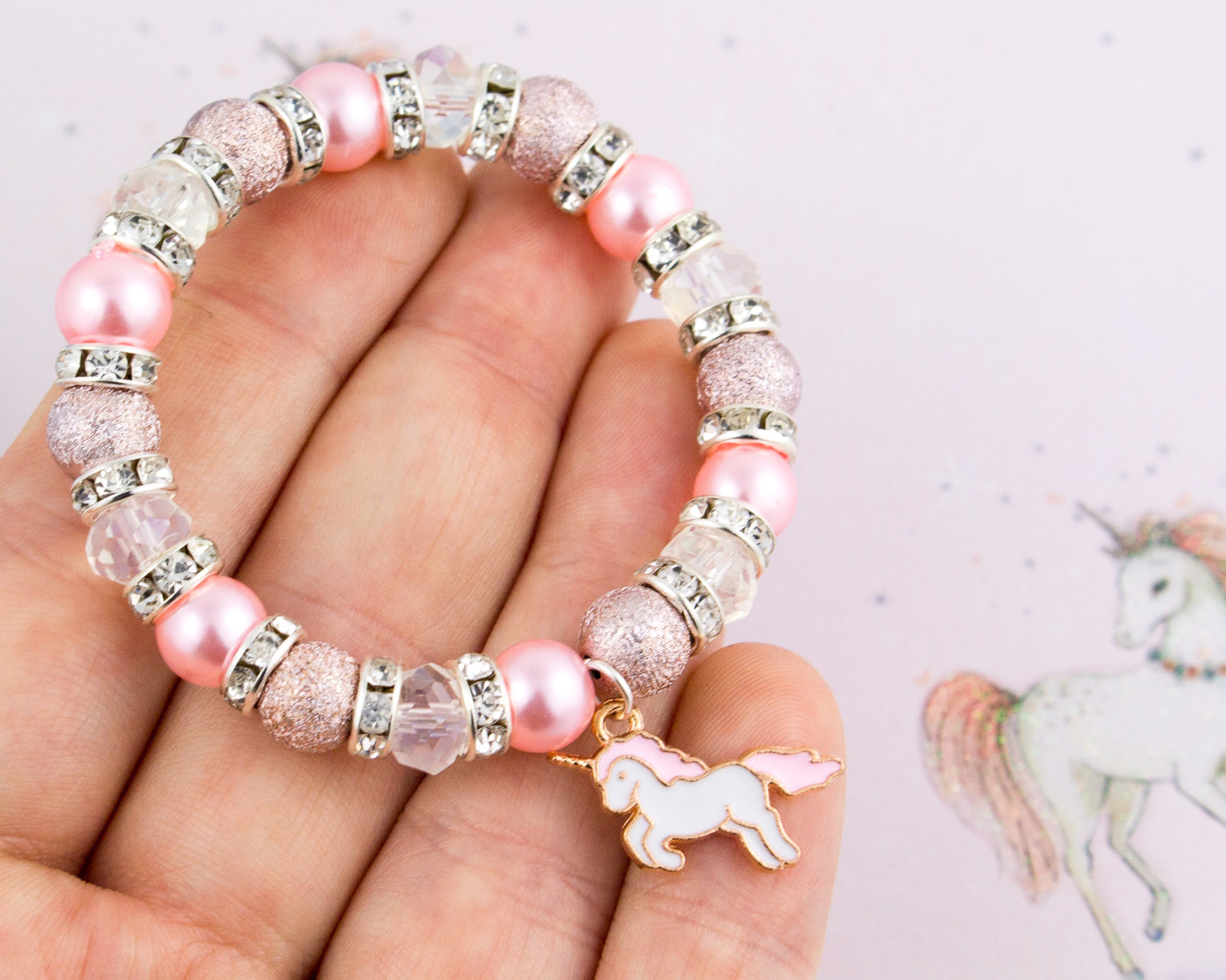Unicorn Bracelet Unicorn Gifts Beaded Stretch Bracelet Pink Etsy