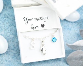 Penguin Bracelet, Personalised Penguin Jewellery, Cute Penguin Gifts, Silver Chain Bracelet With Initial And Birthstone Charm, Animal Lover