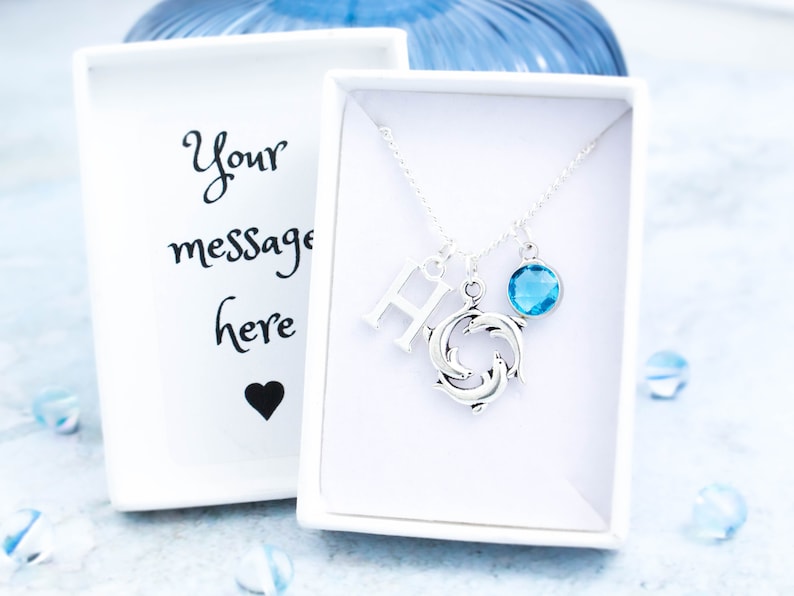 Dolphin Necklace, Personalised Gift, Dolphin Gift, Dolphin Pendant, Birthstone Necklace, Initial Jewelry, Ocean Jewelry, Beach Jewellery image 1