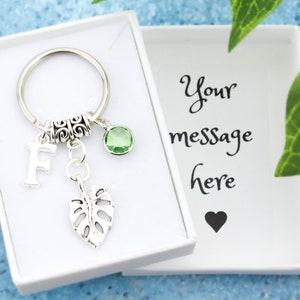 Llavero de hoja de monstera, inicial personalizada, dije de piedra natal