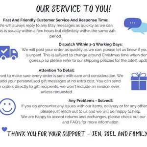 May include: A graphic with text that reads "Our Service To You!" and details the shop's customer service, shipping, and return policies. The graphic includes icons of a delivery truck, a gift box, a smiley face, and a heart.