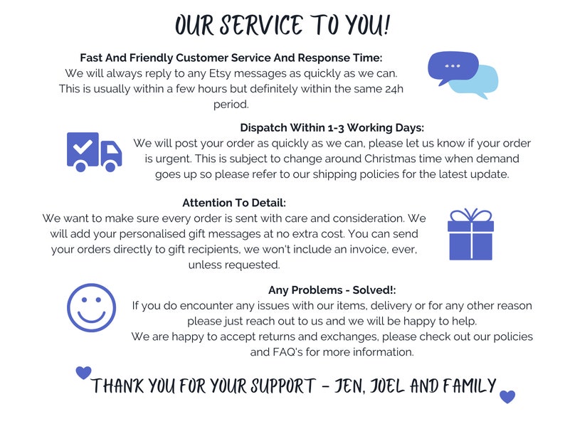May include: A graphic with text that reads "Our Service To You!" and details the shop's customer service, shipping, and return policies. The graphic includes icons of a delivery truck, a gift box, a smiley face, and a heart.