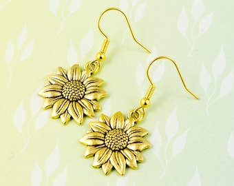 Sunflower Earrings, Flower Earrings, Gold Earrings, Summer Jewellery, Gold Sunflower Earrings, Dangle Charm Earrings, Everyday Casual Wear