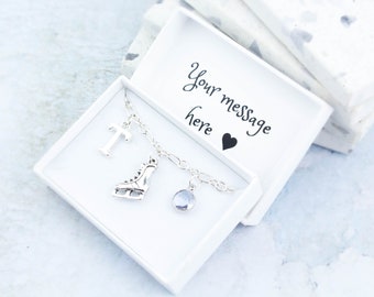 Ice Skating Bracelet, Personalised Jewellery, Figure Skating Gift, Silver Ice Skate Charm Bracelet, Ice Skating Gift, Initial And Birthstone