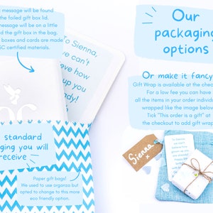 Op de afbeelding: Een blauwe en witte chevron-gepatroneerde cadeauzak met een witte kaart erin. De kaart heeft de tekst "To Sienna, we can't believe how grown up you are already!" De tas is gelabeld "Our standard packaging you will receive" en "Paper gift bags! We used to use organza but opted to change to this more eco friendly option."