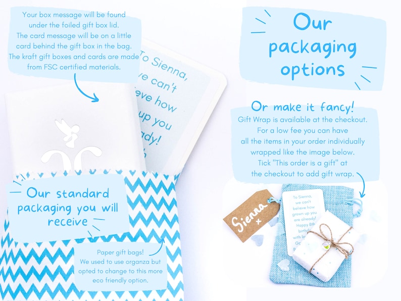 Op de afbeelding: Een blauwe en witte chevron-gepatroneerde cadeauzak met een witte kaart erin. De kaart heeft de tekst "To Sienna, we can't believe how grown up you are already!" De tas is gelabeld "Our standard packaging you will receive" en "Paper gift bags! We used to use organza but opted to change to this more eco friendly option."