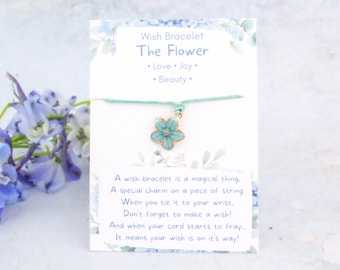 Blue Flower Wish Bracelet, A Wish For Love Joy And Beauty, Forget Me Not Wedding Favors, Make A Wish Tie On Cord Bracelet, Flower Girl Gifts