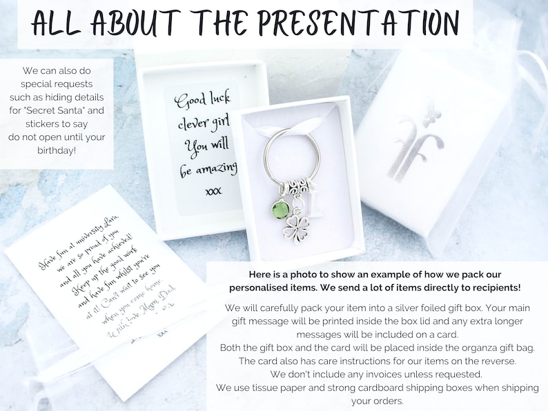 May include: A silver key chain with a green shamrock charm and a small silver butterfly charm. The key chain is packaged in a white gift box with a white card that says "Good luck clever girl You will be amazing xxx". The image also shows a white organza bag and a white card with a handwritten message.