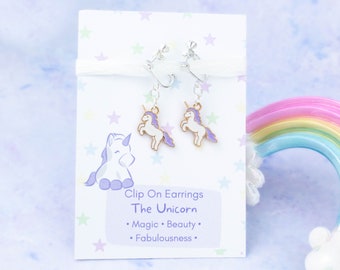 Unicorn Clip On Earrings, Girl's Clip Ons, Kid's Dangle Earrings, Non Pierced Earrings, Fairy Tale Jewellery, Children's Clip On Earrings