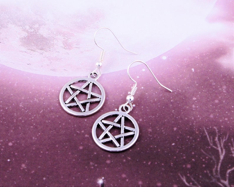 Pentacle Earrings, Witch Earrings, Wiccan Jewellery, Silver Dangle Pentacle Charm Earrings, Goth Vibes, Witchy Earrings, Gothic Jewelry image 3