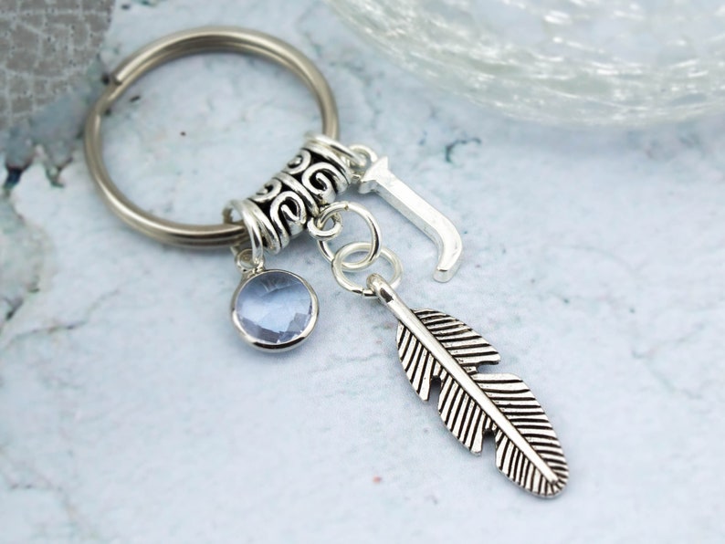 Puede incluir: Llavero de plata con una piedra preciosa azul, un dije de pluma y un dije de letra J.