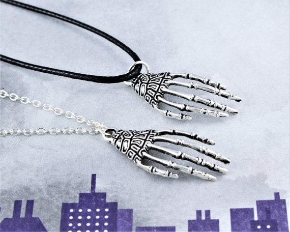 Skeleton Hand Necklace Halloween Jewelry Silver Chain Black