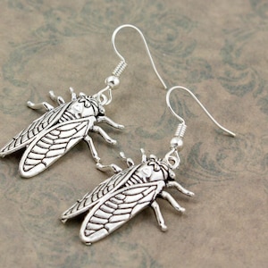 Cicada Dangle Earrings, Gothic Insect Jewelry, Silver Tone, Clip On Option