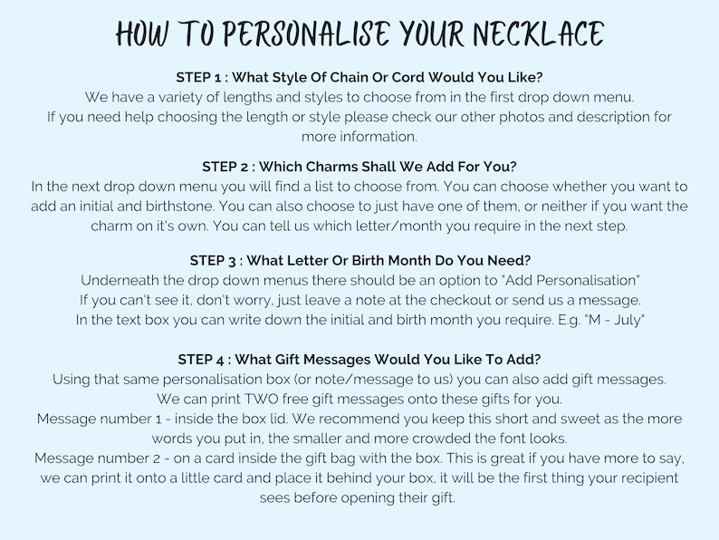 May include: A guide on how to personalize a necklace. The steps include choosing the chain style, adding charms, selecting a letter or birth month, and adding a gift message. The text includes the phrase "Add Personalisation".