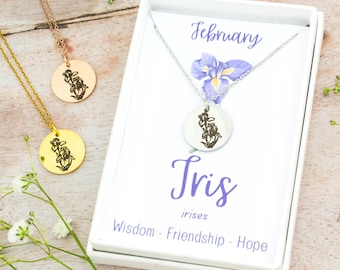 Iris Necklace, February Birth Flower Necklace, Personalised Engraved Jewellery, Silver Gold Or Rose Gold Stainless Steel, Birthstone