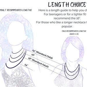 May include: Diagram showing recommended necklace lengths for adults and children. The diagram shows a woman and a child wearing necklaces of different lengths, with measurements in inches. The text reads "Adult Recommended Lengths" and "Child Recommended Lengths (Aged 4-11)".