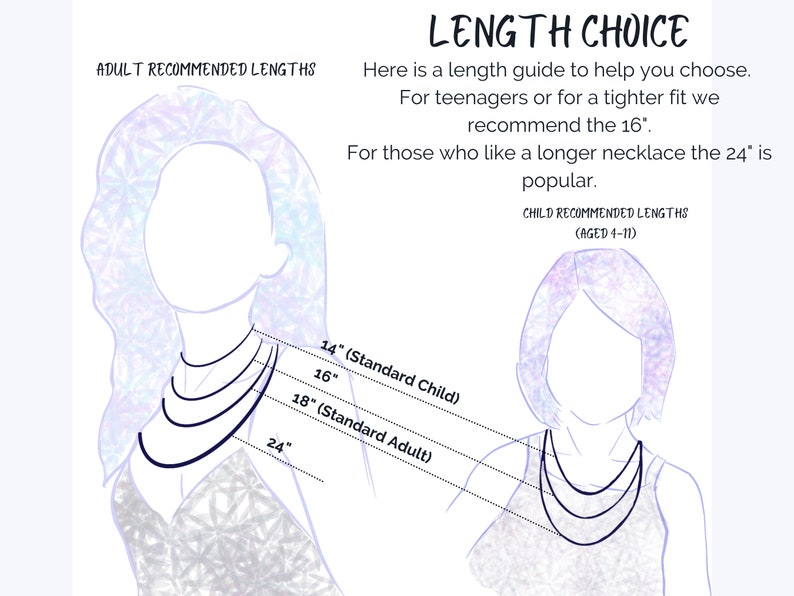 May include: Diagram showing recommended necklace lengths for adults and children. The diagram shows a woman and a child wearing necklaces of different lengths, with measurements in inches. The text reads "Adult Recommended Lengths" and "Child Recommended Lengths (Aged 4-11)".