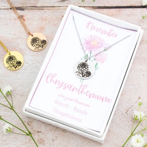 Chrysanthemum Necklace, November Birth Flower Necklace, Personalised Engraved Jewelry, Silver Gold Or Rose Gold Stainless Steel, Birthstone