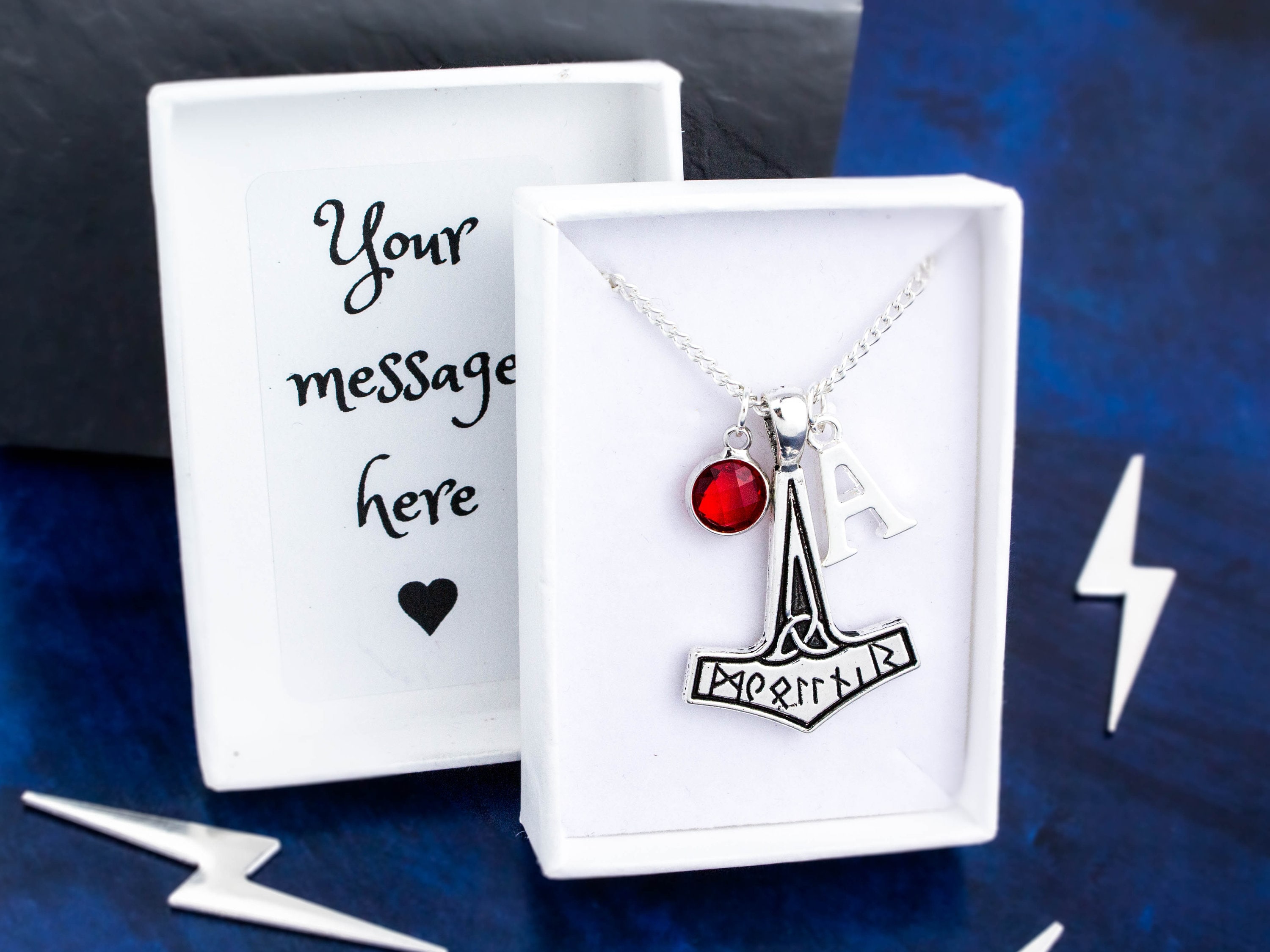 Mjolnir Necklace, Norse Mythology Jewellery, Thors Hammer Necklace, Personalised With Initial And Birthstone, Silver Chain Or Black Cord