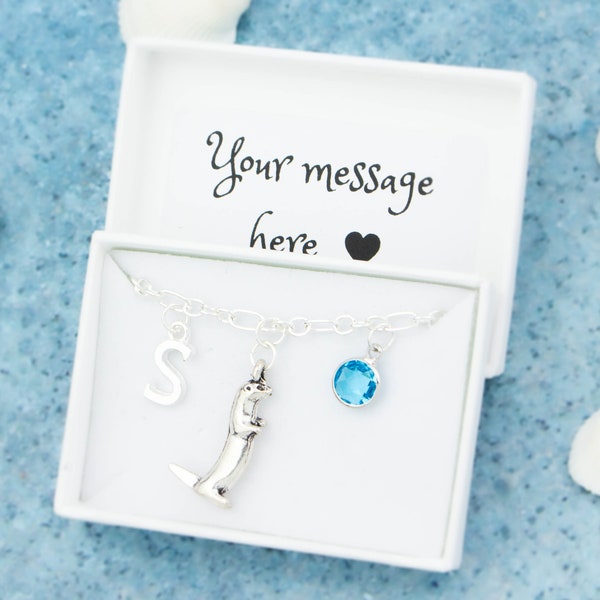 Otter Bracelet, Personalised Otter Charm Bracelet With Initial And Birthstone On Plated Or Sterling Silver Chain, Cute Otter Gifts For Her