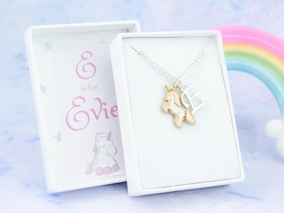 Personalized Unicorn Necklace. Stainless Steel. Little Girls Jewelry. Unicorn Gifts 16 + 2 / Charm & Initial