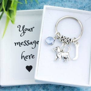 May include: A silver keyring with a small dog charm, a blue crystal charm, a letter J charm, and a decorative silver bead. The keyring is in a white gift box with the text "Your message here" and a heart.