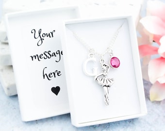 Ballet Necklace, Personalised Gift, Initial And Birthstone, Ballerina Jewellery, Little Girl's Dance Gifts, Dancer Jewelry, Dancing Pendant