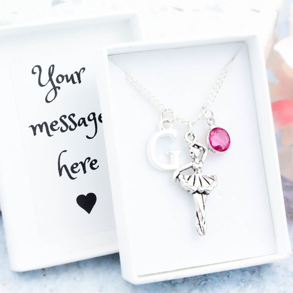 Ballet Necklace, Personalised Gift, Initial And Birthstone, Ballerina Jewellery, Little Girl's Dance Gifts, Dancer Jewelry, Dancing Pendant