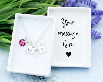 Horse Necklace, Horse Riding Gifts, Pony Jewellery, Personalised Gift, Initial And Birthstone, Horse Jewellery, Equine Gifts, Riding School