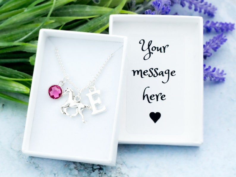 Horse Necklace, Horse Riding Gifts, Pony Jewellery, Personalised Gift, Initial And Birthstone, Horse Jewellery, Equine Gifts, Riding School image 1
