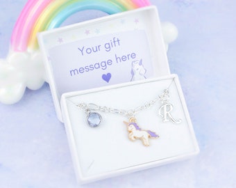 Unicorn Bracelet, Personalised Childrens Charm Bracelet, Plated Or Sterling Silver Chain, Little Girls Unicorn Gifts, Fairy Tale Jewellery