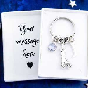Roller Skate Keychain, Personalised Roller Derby Gift, Roller Skating Keyring, Initial And Birthstone, Quad Skate Boot Bag Charm, Sports
