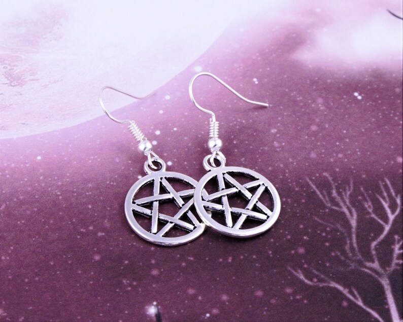 Pentacle Earrings, Witch Earrings, Wiccan Jewellery, Silver Dangle Pentacle Charm Earrings, Goth Vibes, Witchy Earrings, Gothic Jewelry image 4