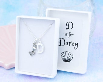 Mermaid Necklace, Personalised Jewellery, Under The Sea Party Favors, Dainty Mermaid Pendant, Little Girls Gifts, Child's Initial Necklace