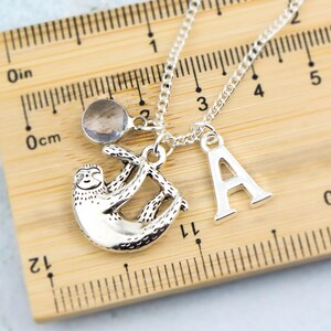 May include: Silver necklace with a sloth charm, a crystal charm, and a letter A charm. The necklace is displayed on a wooden ruler.