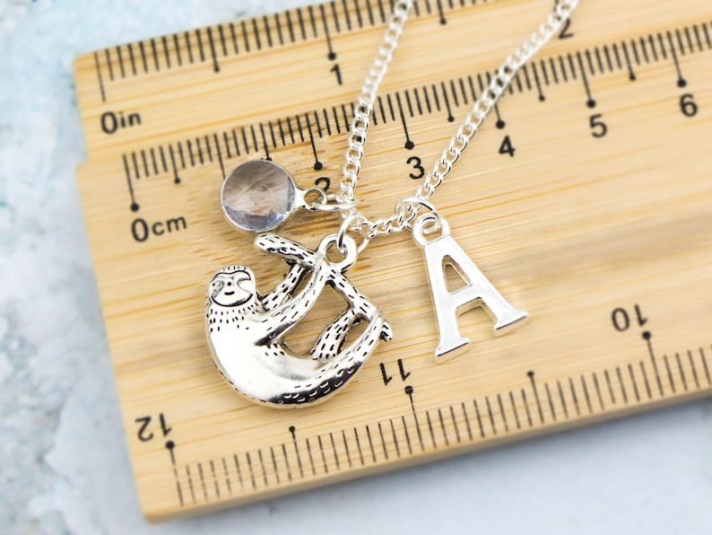 May include: Silver necklace with a sloth charm, a crystal charm, and a letter A charm. The necklace is displayed on a wooden ruler.