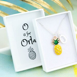 Pineapple Necklace, Kids Gifts, Yellow Pineapple Pendant, Fruit Jewellery, Girls Personalised Gifts, Silver Chain And Initial, Childrens