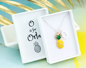 Pineapple Necklace, Kids Gifts, Yellow Pineapple Pendant, Fruit Jewellery, Girls Personalised Gifts, Silver Chain And Initial, Childrens