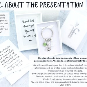 May include: A silver key chain with a green shamrock charm and a small silver butterfly charm. The key chain is packaged in a white gift box with a white card that says "Good luck clever girl You will be amazing xxx". The image also shows a white organza bag and a white card with a handwritten message.