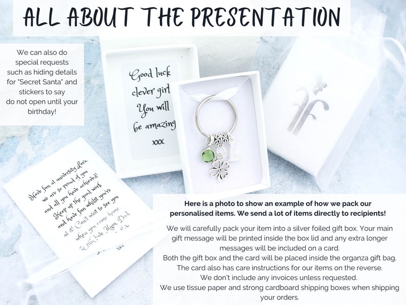 May include: A silver key chain with a green shamrock charm and a small silver butterfly charm. The key chain is packaged in a white gift box with a white card that says "Good luck clever girl You will be amazing xxx". The image also shows a white organza bag and a white card with a handwritten message.