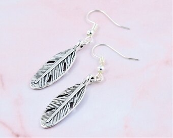 Feather Earrings, Silver Feather Charm Earrings, Dangle Earrings, Angel Jewellery, Everyday Earrings, Pretty Gift For Her, Drop Earrings