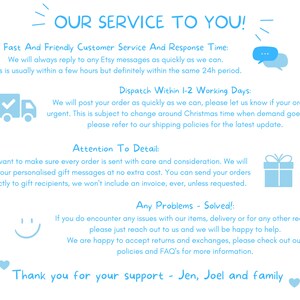 Op de afbeelding: Een blauwe en witte afbeelding met de tekst "Onze service voor jou!" en details over snelle en vriendelijke klantenservice, verzendtijden, aandacht voor detail en hoe je problemen kunt oplossen. De afbeelding bevat ook een blauwe vrachtwagen, een cadeaudoos, een smiley en een hart.