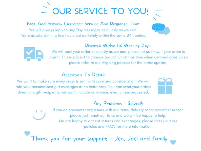 Op de afbeelding: Een blauwe en witte afbeelding met de tekst "Onze service voor jou!" en details over snelle en vriendelijke klantenservice, verzendtijden, aandacht voor detail en hoe je problemen kunt oplossen. De afbeelding bevat ook een blauwe vrachtwagen, een cadeaudoos, een smiley en een hart.