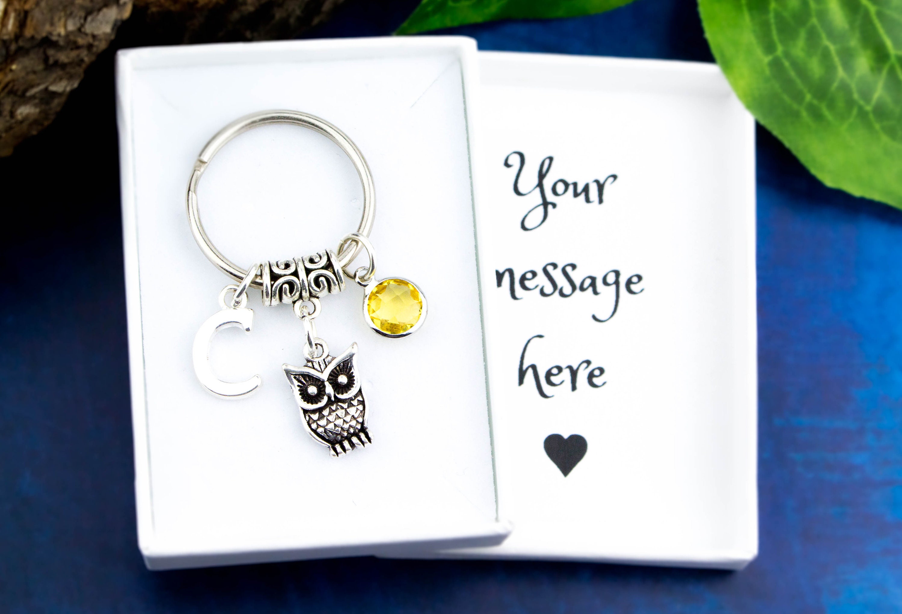 Owl Keyring, Personalised Gift, Teacher Keychain, Silver Charm, Professor Gift, Woodland Accessory,