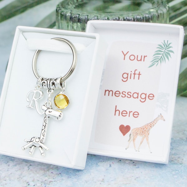 Giraffe Keyring, Personalised Gift, Animal Keychain, Giraffe Accessories, Birthday Gift, Initial And Birthstone, Safari Trip Keepsake, Zoo