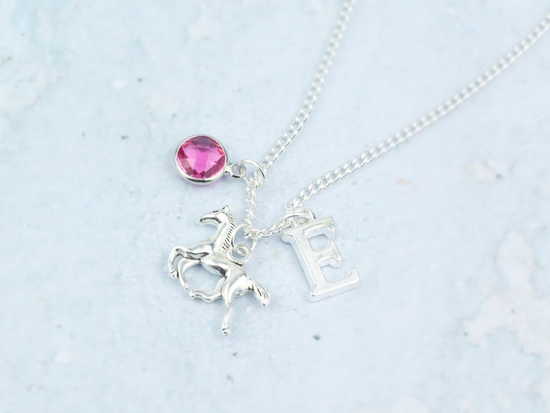 May include: Silver necklace with a pink gemstone, a silver horse charm, and a silver letter E charm.